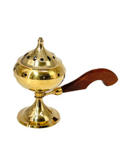 Brass Incense Holder With Long Wood Handle With Gold Finished