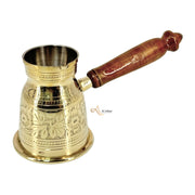 Luxury coffee warmer with jali grip
Brass coffee maker with wood handle
UAE handcrafted Arabic coffee pot
Golden finish Turkish coffee kettle