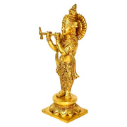 Brass Hand Made Goddess Krishna Statue With Gold Antique