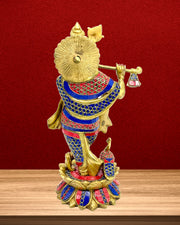 Brass Lord Krishna Idol With peacock With Stone Work with flute