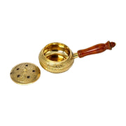 Brass Emboss Incense Burner Round Shape With Wood Handle