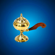 Brass Incense Holder With Long Wood Handle With Gold Finished