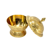 Handcrafted brass sugar pot with gold finish 
Arabic style dry fruit and dates serving bowl 
Luxury embossed brass tableware 
Decorative brass bowl with lid