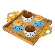 Handcrafted serving set with metal fittings
Dry fruit bowl set on wooden base
Traditional serving tray with metal jars
Decorative wooden tray for sweets & nuts
Metal and wood combination serving set
Dry fruit jars with stylish wooden base
Handcrafted tray with metal accents
Serving set for festive treats
Wood and metal serving set from India