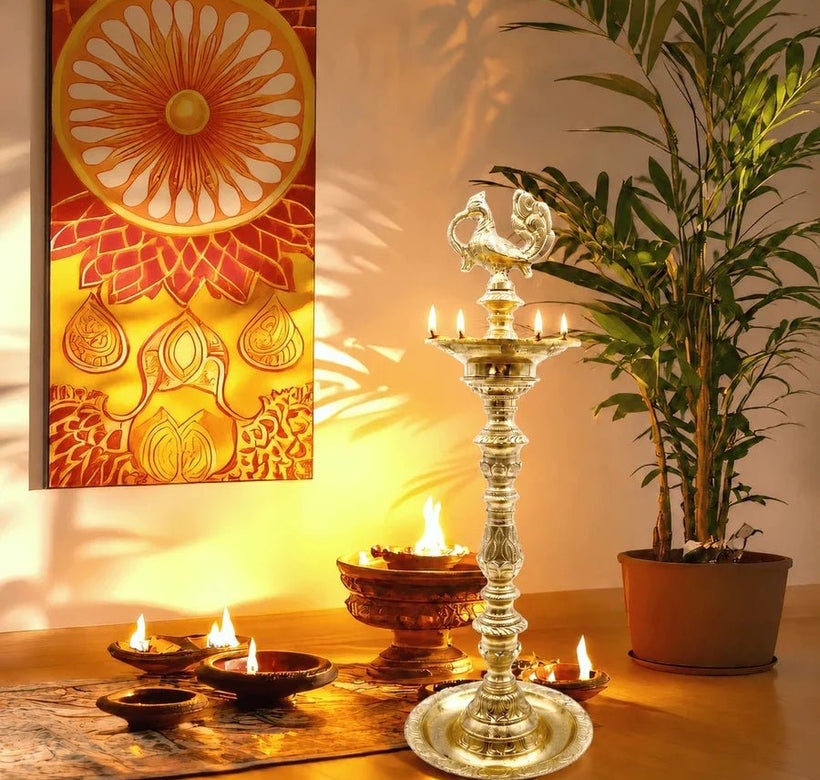 Traditional Peacock Nilavilakku Lamp UAE | Brass Kuthuvilakku for Weddings & Temples