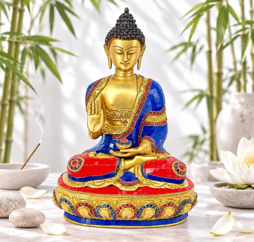 16-Inch Brass Buddha Idol with Stone Work | Shakyamuni Buddha for Dubai