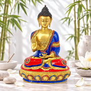 Super Fine Engraved Brass Buddha Figure With Colorful Stone Work