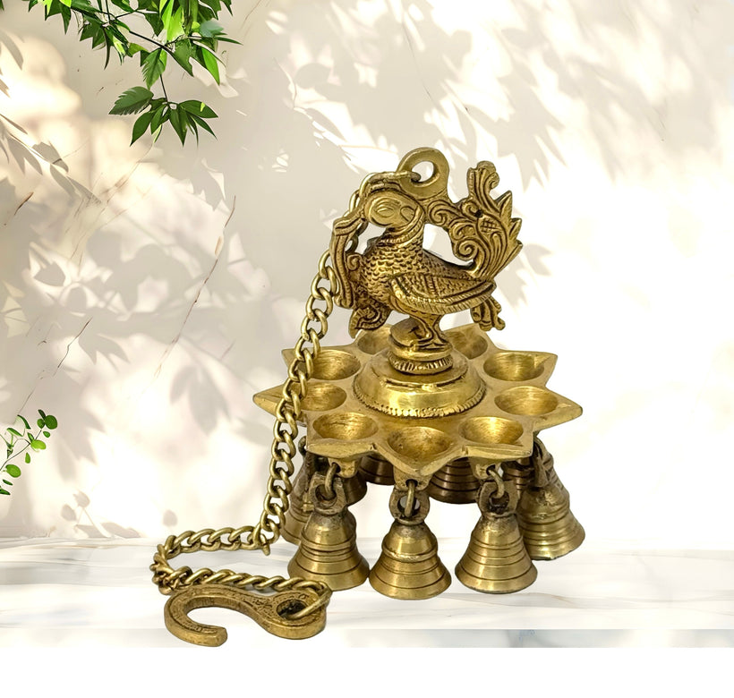 Buy Brass Hanging Peacock Oil Lamp Online – Antique Brass Deepam for Puja & Décor