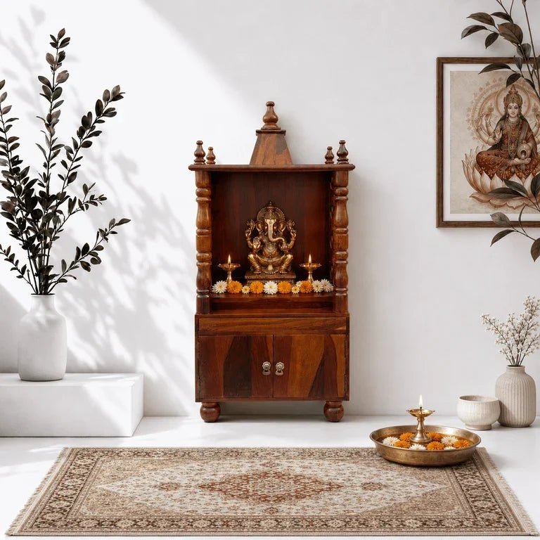 Premium Sheesham Wood Home Mandir with Storage in Dubai  | Handmade Wooden Pooja Temple