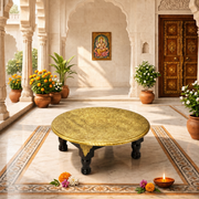 round pooja stool with 4 legs Oman, wooden pooja stand with 4 legs Muscat, brass fitted chowki with 4 legs Fujairah, round worship stand with brass work Al Ain, 10 inch round pooja stool Umm Al Quwain, 