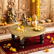 10 inch brass work pooja stand, 10 inch round wooden bajot, 10 inch worship chowki with brass inlay, 12 inch worship chowki, 12 inch round pooja chowki, 