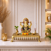  11 inch rectangular brass pooja stand, 11 inch solid brass bajot, 11 inch antique brass chowki, 11 inch embossed brass worship stand, 