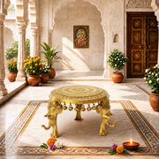 round brass pooja stand with ghungroo UAE, hand engraved brass round pooja stoo Sharjahl, brass embossed elephant leg pooja chowki Abu Dhabi, 