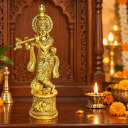 brass Gopal Krishna with cow-relief base, traditional brass Govinda Krishna idol, fine-detailed brass Madhav Krishna statue, handcrafted Keshav Krishna murti, 
