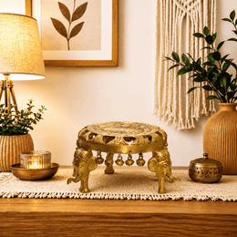 Traditional Pooja Table, Brass Table for Mandir, Brass Chowki UAE, Brass Table Oman, Spiritual brass stand for pooja room, Hand carved round pooja bajot UAE