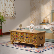 Wooden Handcrafted Trunk Box,Mango Wood Storage Box,Indian Wooden Trunk with Tiles,Solid wood Storage Box for Living Room,Wooden Trunk Box Sharjah Store,Handcrafted Wooden Trunk Chest,
