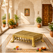 solid brass pooja chowki, brass mandir table, indian brass table, brass pooja chowki UAE, handcrafted pooja stand Dubai, brass chowki with bells, antique brass pooja table, 