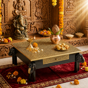 brass work wooden pooja chowki, brass fitted solid wood chowki, brass embossed wooden pooja stand, handcrafted brass work chowki, antique brass work pooja chowki, 
