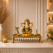 handcrafted embossed brass pooja stand, traditional brass emboss work chowki, brass antique finish pooja chowki, antique finish rectangular brass stand, 
