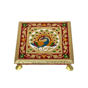 Multicolor Wooden Chowki with
Peacock Meenakari Wooden Chowki
Handcrafted Meenakari Chowki Table
Wood and Metal Pooja Stand UAE