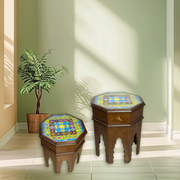 wholesale wooden side table UAE, retail wooden nesting table Dubai, handcrafted indian furniture UAE,