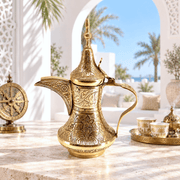 floral-engraved qahwa dallah, traditional Emirati coffee pot, UAE-style Arabic dallah, Arabian brass coffee server, Middle Eastern coffee pot, Gulf-style coffee dallah, Khaleeji brass dallah, 
