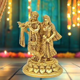 Brass Radha Krishna idol pair for pooja room
7 inch brass Radha Krishna figurine
Handmade Radha Krishna brass idol
Gold antique Radha Krishna pair statue