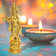 vintage-look brass Govind Krishna statue, brass Madhava Krishna for home mandir, handcrafted Lord Krishna pooja statue, 
