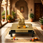 black wood polish pooja chowki, black antique finish wooden chowki, antique finish solid wood chowki, vintage black wooden pooja stand, 