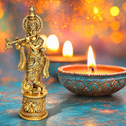 brass Krishna statue with cow motifs, gold antique finish Murlidhar idol, hand-engraved Venugopala Krishna statue, premium brass Murli Manohar sculpture, 