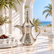  emarati-style coffee dallah, Omani-style qahwa pot, Qatari Arabic dallah, pointed-lid brass coffee pot, long-spout Arabic dallah, curved-handle qahwa pot, heavy-duty solid brass dallah, durable brass coffee server,