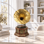 traditional manual music record player, heritage manual record player, antique manual music player, eight-corner wooden music player, eight-corner music player with brass work, octagonal wooden gramophone with brass work, 