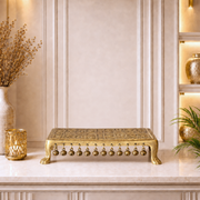 solid brass pooja stand 11 x 6 x 2.5 inch, premium rectangular brass pooja chowki, luxury brass pooja stand with 4 legs, stylish brass rectangular bajot, 