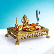 rectangular brass pooja stand with ghungroo, brass bajot with hanging ghungroo bells, brass pooja stool with ghungroo, 
