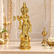 Hand made solid brass Krishna idol, hand made Krishna stature standing with flute,Goddess Krishna stature for living room,Vintage Krishna idol for pooja room UAE,God statue,God idols,