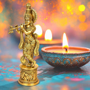 brass Lord Krishna idol with flute, handcrafted brass Murlidhar Krishna statue, brass Venugopal Krishna idol, handmade brass Muralidhar sculpture, 