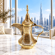 solid brass Arabic dallah, handmade brass dallah pot, handcrafted Arabic coffee pot, made in India brass qahwa pot, gold-finish gahwa pot, hand-carved brass dallah, 