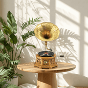 teak wood gramophone, teak wood phonograph, teak wood record player, teak wood music player, teak wood horn gramophone, brass horn gramophone, single horn gramophone, carved wooden gramophone, 