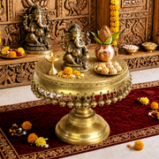  round brass idol display stand, solid brass pooja platform, round brass altar stand, hand engraved brass pooja chowki, hand engraved round brass bajot, 