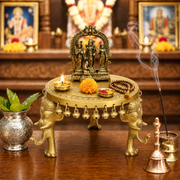solid brass round pooja chowki with 3 elephant legs, 8 inch round brass pooja stand, brass antique finish round pooja chowki, 