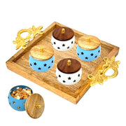 Handcrafted serving set with metal fittings
Dry fruit bowl set on wooden base
Traditional serving tray with metal jars
Decorative wooden tray for sweets & nuts
Metal and wood combination serving set
Dry fruit jars with stylish wooden base
Serving set for festive treats
Wood and metal serving set from India