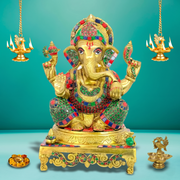 Antique Finish Brass Ganpati Murti,Stone Work Ganesha Idol Decoration,ndian Brass Ganesha Statue Online,Brass Ganpati Sculpture for Worship,Brass Ganesha sculpture,Brass Ganpati idol,Hindu Idols,