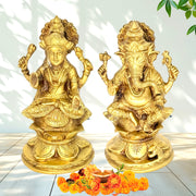 Handcrafted Brass Lakshmi Ganesha Qatar /
 Hand Engraved Lakshmi Ganesha Bahrain /
 9 Inch Lakshmi Ganesha Brass Statue / Brass Metal Lakshmi Ganesha Sculpture /