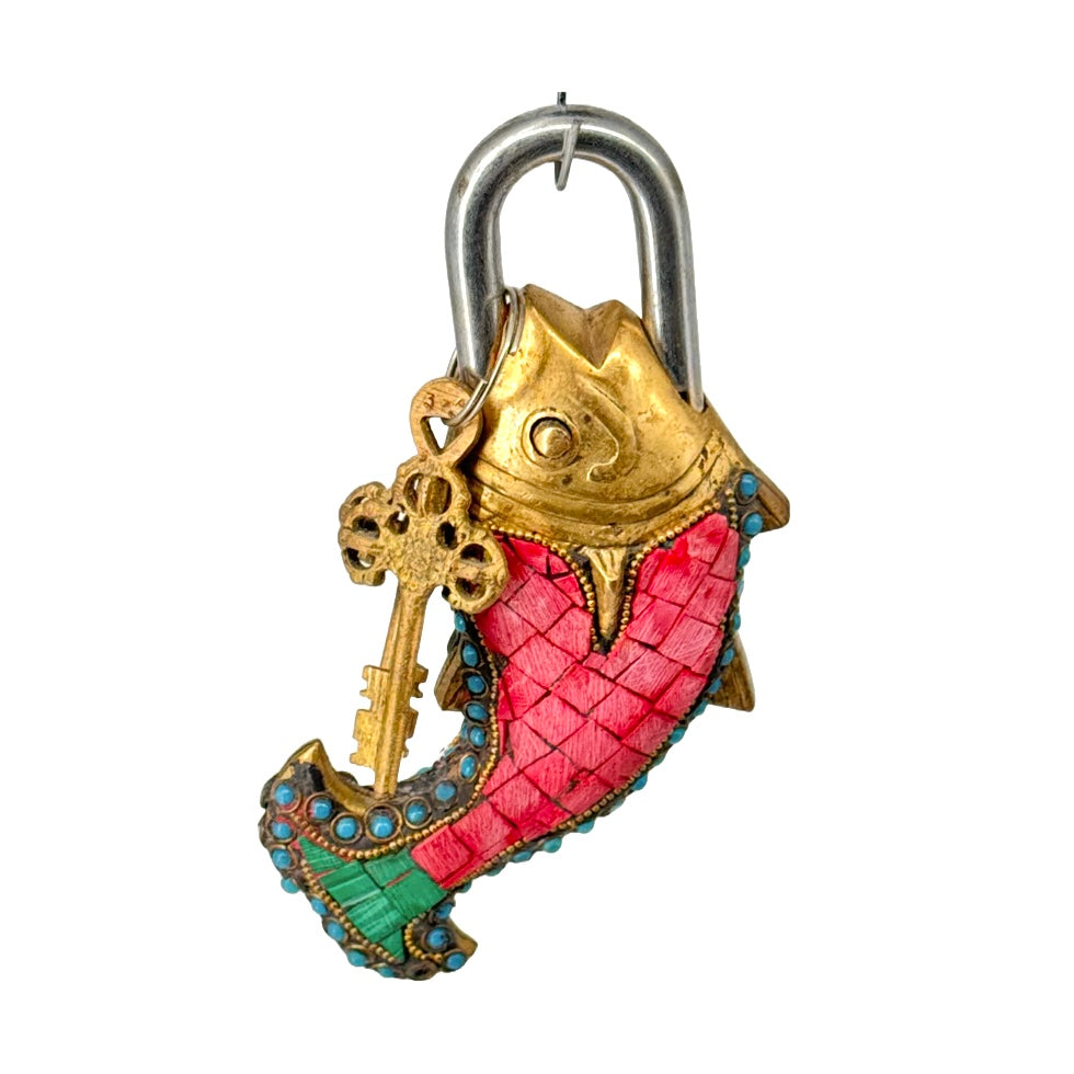 Handcrafted Brass Fish Pad Lock with Turquoise – Vintage Antique Lock ...