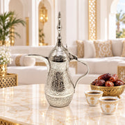 Handmade brass coffee dallah Sharjah, Brass arabic coffee pot silver finish Sharjah, Embossed brass dallah wholesale Sharjah, Arabic coffee pot retail store Sharjah, Brass gahwa pot supplier Sharjah, 