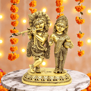 Radha Krishna Brass Pair,Gold Finish Krishna Statue,Brass Krishna Murti Sharjah,Handcrafted Hindu Idols UAE,