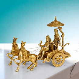 Hindu brass spiritual decor,Arjun Rath brass idol,Mahabharata brass chariot,Brass Rath with horses,Brass Arjun chariot statue,Traditional brass home decor,Brass pooja chariot idol,