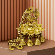 Brass Hanging Diya with Bells,Gold Antique Finish Oil Lamp,Traditional Peacock Deepak,Handcrafted Hanging Brass Lamp,
