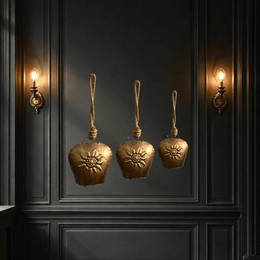 Edelweiss embossed gold antique cow bell for garden decor