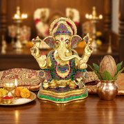 Brass Ganesha Idol for Gift,Traditional Brass Ganesha Statue UAE,Brass Ganesha Idol for Office,Yellow Antique Brass Ganesha Statue,Ganesha Stone Work Brass Idol,Indian Handcrafted Brass Ganesha Figurine,